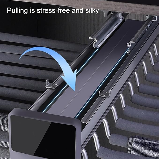 Pull Out Trousers Rack 20 Arms Steel Pull Out Pants Rack Pants Hanger Bar Clothes Organizers Load 35lbs Sizes Installation Depths are L 17.7in, h 4.33 in w 24.8in in.