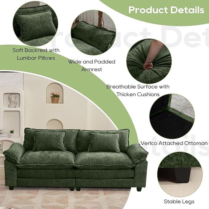 86" Modular Sectional Sofa, Comfy Cloud Couch Sectional Sofa, Chenille Sofa Sleeper Deep Seat Sofa with Throw Pillows for Living Room (Green, 86"- Loveseat)