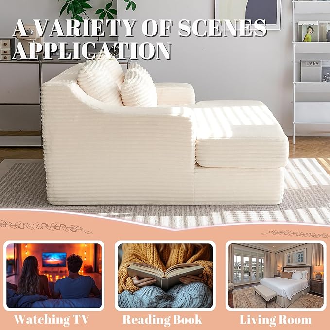 55 Inch Chaise Lounge Indoor - Oversized Chaise Lounge with 4 Throw Pillows and Armrets, Upholstered Plush Sofa Bed, Corduroy Lazy Chair Bed, Sleeper Chair for Living Room or Bedroom, Beige