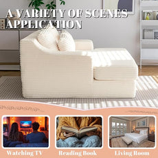 55 Inch Chaise Lounge Indoor - Oversized Chaise Lounge with 4 Throw Pillows and Armrets, Upholstered Plush Sofa Bed, Corduroy Lazy Chair Bed, Sleeper Chair for Living Room or Bedroom, Beige