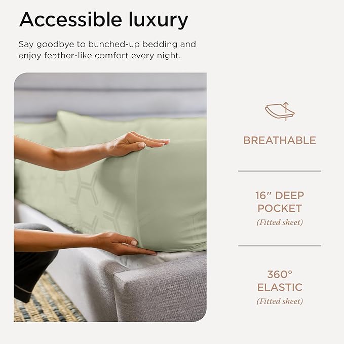 Threadmill 100% Cotton Sheets for Queen Size Bed - 600 Thread Count Queen Bed Sheets Set with 16” Deep Pocket - Jacquard Sateen Weave 4-Piece Bedding Set with Cooling Effect, Sage Green