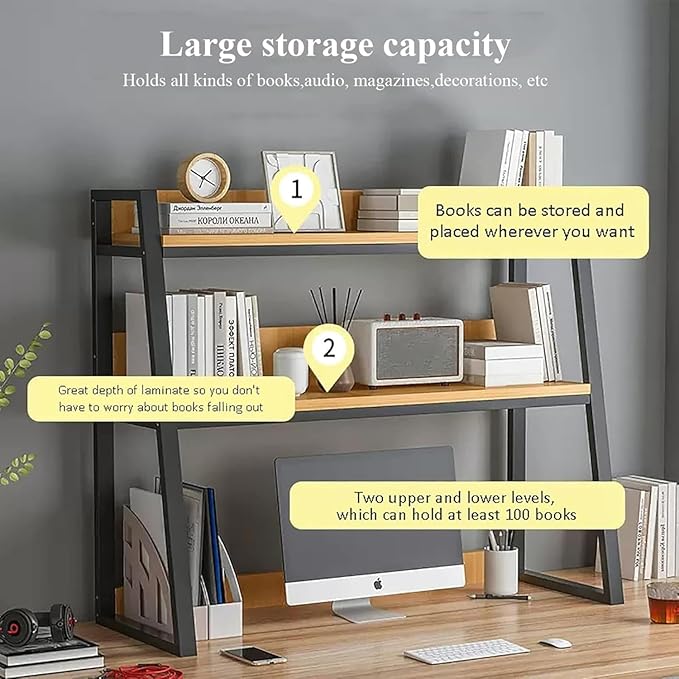 2-Tier Desktop Bookshelf, Wood Hutch Shelf Organizer, 29.9 x 12.6 x 35.4 inches, Study Room Storage Rack (White, 30 * 12 * 35in)