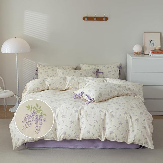 mixinni Cotton Purple Floral Duvet Cover Twin Size Soft Cottage Ribbon Bedding Set Girls Comforter Cover with Zipper 4 Corner Ties for Teenage Girls (1 Duvet Cover + 2 Bowknot Pillowcase)-Twin Size
