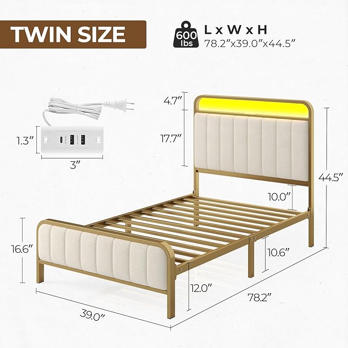 Rolanstar Twin Size Bed Frame with LED Light and Charging Station, Upholstered Headboard and Footboard, Metal Slat, Noise Free, Easy Assembly, Golden and Beige