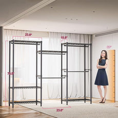 Heavy Duty Rolling Garment Rack 3 Tiers Adjustable Wire Shelving Clothes Rack with Rods Storage Closet Clothing Rack Black 15.7