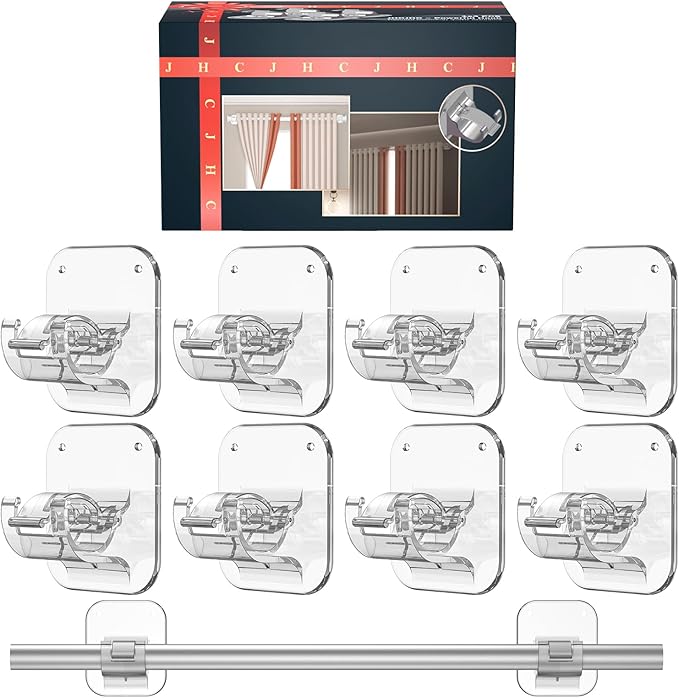 Adhesive Curtain Rods No Drilling Holder,No Drill Curtain Rod Brackets,Renter Friendly Curtain Hooks for Hanging Drapes,Over Blinds for Dorm Apartment Kitchen Bedroom Home Bathroom