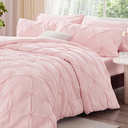 BEDELITE Baby Pink King Size Comforter Set - 3 Pieces Boho Pintuck Bedding Comforter Sets, Lightweight Soft & Warm King Bedding Set with 2 Pillowcases for All Season