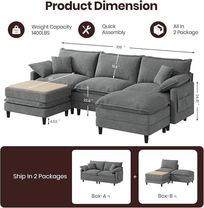 108" U Shaped Modular Sectional Cloud Couch with Two Ottoman, Snap-on Easy Installation 5-Piece Deep Seat Sofas with Storage Bag and Coffee Table for Living Room, Corduroy, Gray