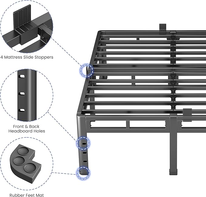 NKZ 18 Inch King Size Bed Frame, Metal Bed Frame & Box Spring 2 in 1 Platform with Round Corner Legs, 4000Lbs Heavy Duty Metal Frame, Mattress Slide Stopper, Headboard Hole, Noise-Free, Easy Assembly