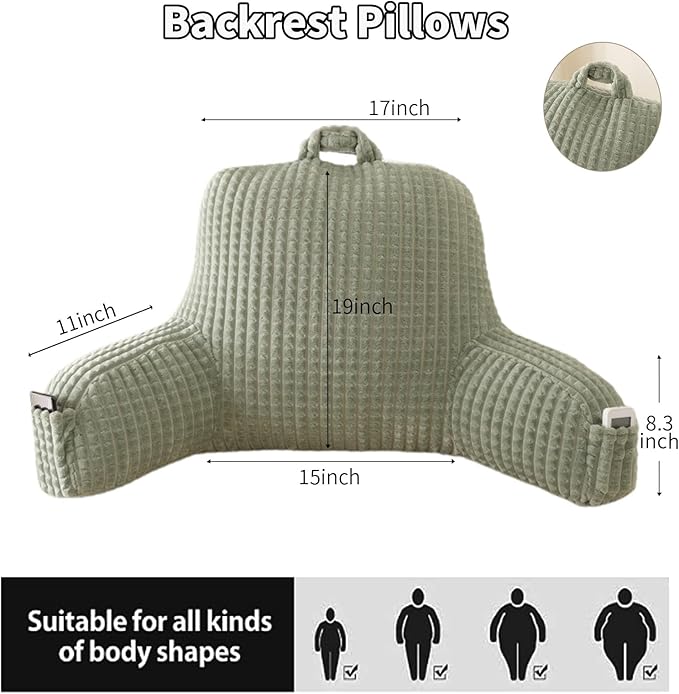 Reading Pillow for Sitting in Bed, Large Backrest Reading Pillow with Arm Rest,Back-Rest Support Cushion for Sit Up on Couch, Sofa, and Floor, Dorm Essentials (Green Flannel, Large(19"))