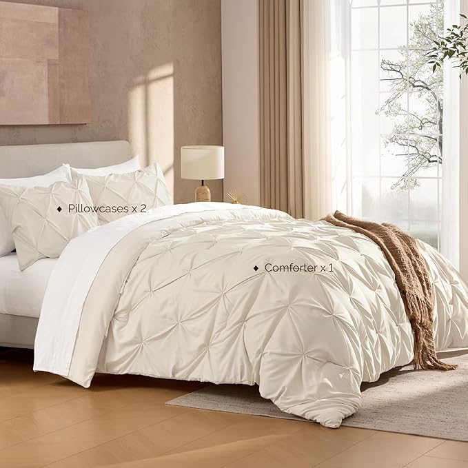 Andency California King Comforter Set Beige (104x96Inch), Pinch Pleat Comforter Set 3 Pieces, Oversized King Pintuck Bed Comforter, Microfiber Down Alternative Comforter Bedding Set for All Season