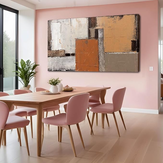 Artexist Orange Abstract Canvas Photo Prints Living Room White Artwork Brown Block Painting for Room 29"x 58" Office Wall Art Bedroom Hallway Decor