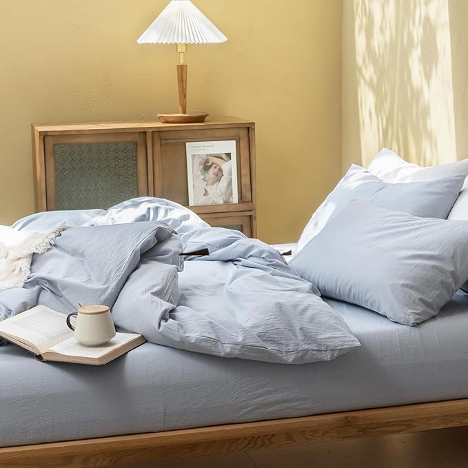 FOSSA Duvet Cover Set 100% Washed Cotton Linen Feel Super Soft Breathable Cozy 3 Pieces Bedding Sets Solid Cornflower Blue Queen