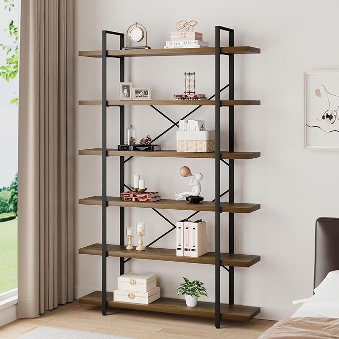 HSH Tall Bookcases and Book Shelves 6 Shelf, Metal Wooden Book Shelf and Storage Rack, Modern Etagere 6 Tier Bookshelf, Farmhouse Large Display Bookshelves for Bedroom Living Room Office, Rustic Oak