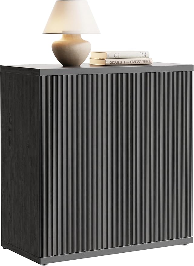 Fluted Buffet Cabinet Sideboard with Storage,Wooden Credenza with 2 Doors&Adjustable Shelve, Modern Accent Cabinets Coffee Bar Bookcase for Living Room,Kitchen Dining Room Entryway 15"D Black