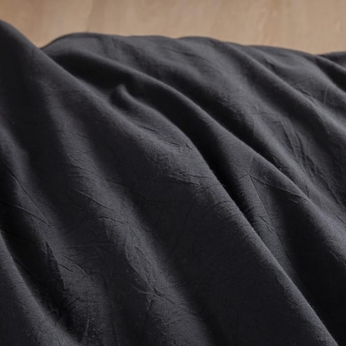 BESTOUCH Duvet Cover Set 100% Washed Cotton Linen Feel Super Soft Comfortable Chic Lightweight 3 PCs Home Bedding Set Solid Deep Black Queen