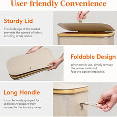 Lifewit 75L Slim Laundry Hamper with Lid, Narrow Laundry Basket with Removable Bag & Bamboo Handles, Fodable Thin Dirty Clothes Hamper for Laundry Collapsible Bin for Bathroom Bedroom Dorm, Beige