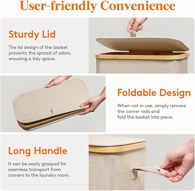 Lifewit 75L Slim Laundry Hamper with Lid, Narrow Laundry Basket with Removable Bag & Bamboo Handles, Fodable Thin Dirty Clothes Hamper for Laundry Collapsible Bin for Bathroom Bedroom Dorm, Beige
