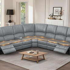 Manual Reclining Sectional Sofa Set, 7 Seats Soft Leather Recliner Corner Sectional Couch, Family-Sized L-Shaped Recliner Couch with USB Charging, Thickened Padding, Sturdy Frame, Grey