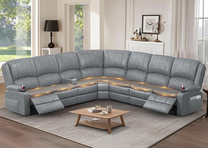 Manual Reclining Sectional Sofa Set, 7 Seats Soft Leather Recliner Corner Sectional Couch, Family-Sized L-Shaped Recliner Couch with USB Charging, Thickened Padding, Sturdy Frame, Grey