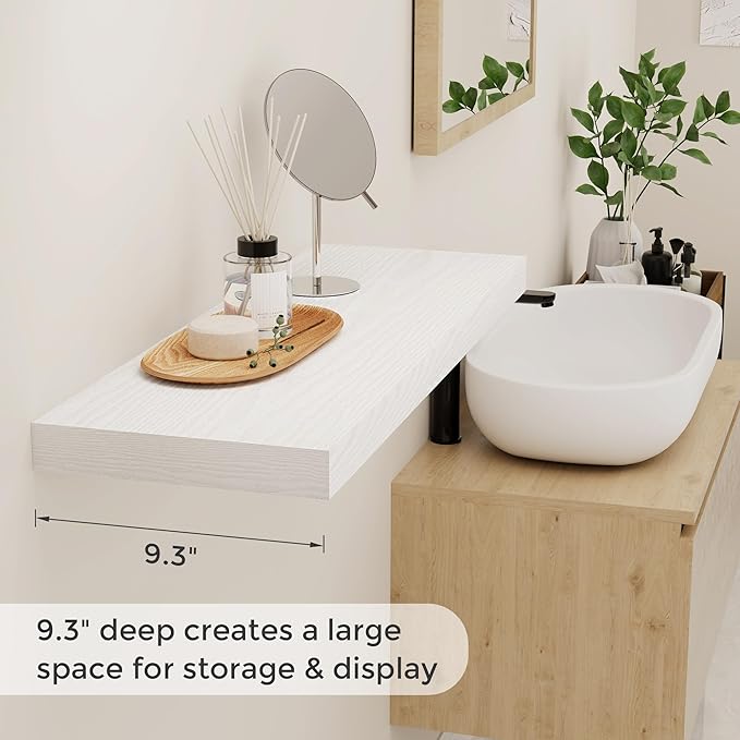 Fun Memories 32 Inch Floating Shelves, Wall-Mounted Bathroom Shelves Set of 2, 9.3 Inch Deep Floating Shelf Bookshelf for Living Room, Bedroom, Heavy-Duty Deep Storage Shelf for Wall, White Color