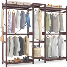 Homykic Bamboo Closet System Clothes Rack, Large Freestanding Garment Rack Clothing Rack for Hanging Clothes with 7 Storage Shelves and 5 Rods, Open Wardrobe Organizer with 4 Hooks, Espresso