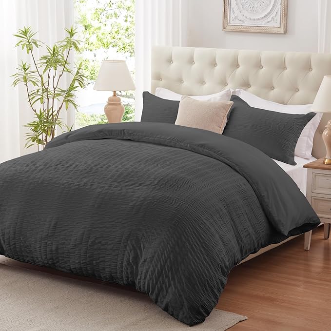 Cozyide Dark Grey Duvet Cover Full Size, 3 Pieces Bedding Duvet Covers, Breathable Seersucker Duvet Cover Set with Zipper Closure and Corner Ties (1 Duvet Cover 80"x90" + 2 Pillow Shams 20"x26")