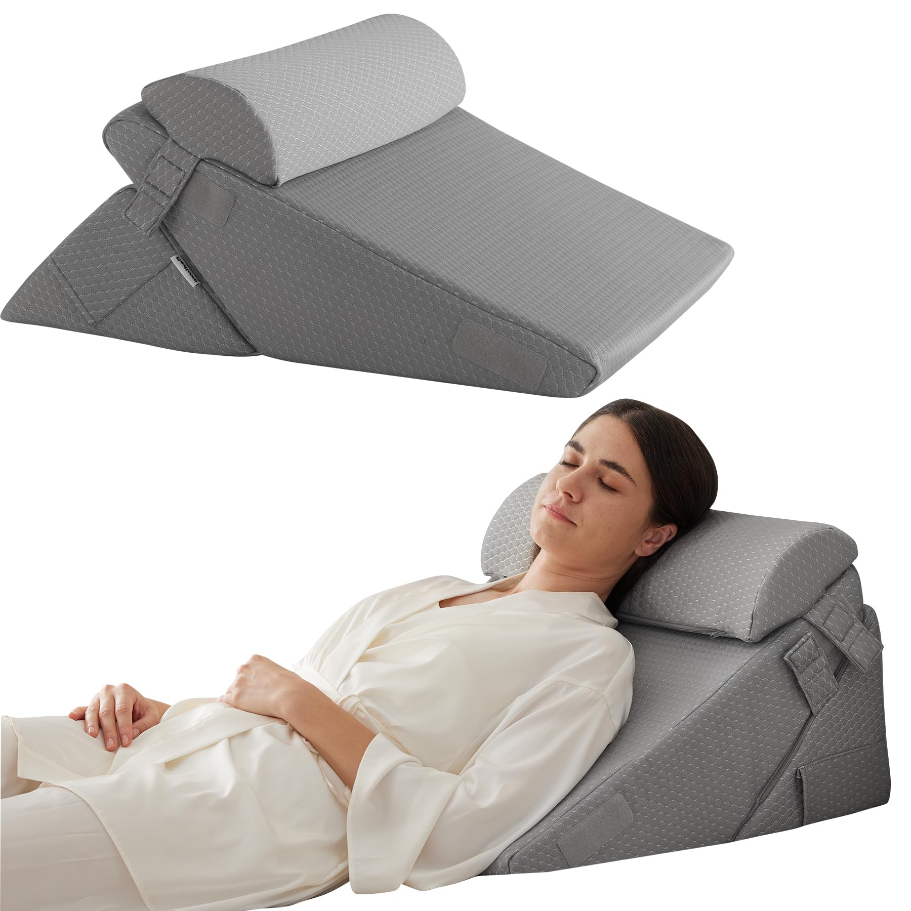 Bedluxe Wedge Pillow Headboard, 3PCS Orthopedic Bed Wedge Pillows Set for After Surgery, Adjustable Pillow Wedge for Acid Reflux&Back Pain Relief, Sleeping, Back Pillow for Bed Sitting Up, White/Grey Dormly