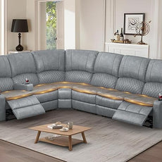 Manual Reclining Sectional Sofa Set, 6 Seats Soft Leather Recliner Corner Sectional Couch, Family-Sized L-Shaped Recliner Couch with USB Charging, Thickened Padding, Sturdy Frame, Grey