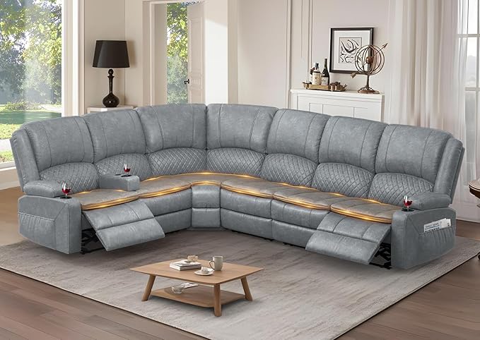Manual Reclining Sectional Sofa Set, 6 Seats Soft Leather Recliner Corner Sectional Couch, Family-Sized L-Shaped Recliner Couch with USB Charging, Thickened Padding, Sturdy Frame, Grey