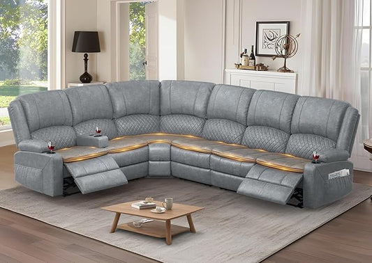 Manual Reclining Sectional Sofa Set, 6 Seats Soft Leather Recliner Corner Sectional Couch, Family-Sized L-Shaped Recliner Couch with USB Charging, Thickened Padding, Sturdy Frame, Grey