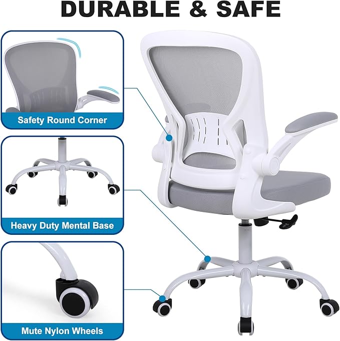 Youhauchair Mesh Office Chair, Ergonomic Home Office Desk Chairs with Flip-up Arms and Lumbar Support, Height Adjustable, Grey