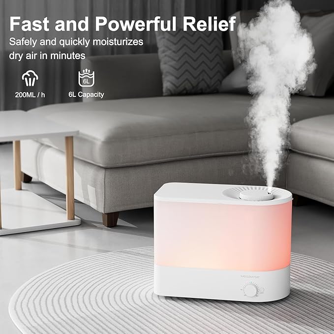 MEGAWISE 2025 Humidifier, 6L Large Capacity, 50H Runtime, Enjoy ultra-quiet, cool mist for your bedroom, nursery, or indoor plants. Top-fill design for effortless convenience (White)