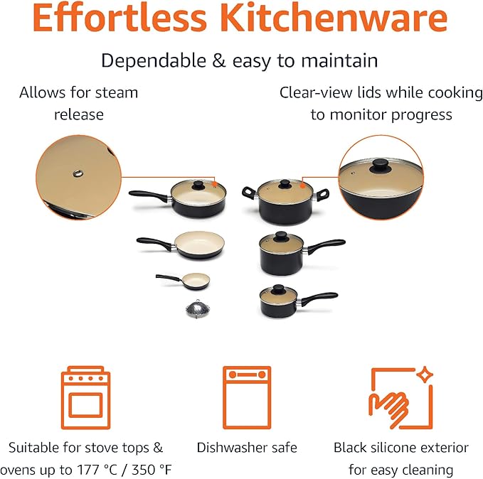 Amazon Basics 11-Piece Ceramic Non-Stick Pots and Pans Set, Dishwasher & Oven Safe, Non-Toxic, Easy Clean, Black/Cream