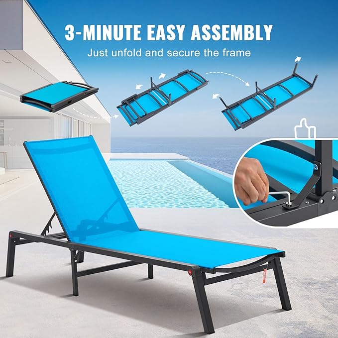 VEVOR 2 Pcs Chaise Lounge Chairs Outdoor, Aluminum Patio Lounge Chair with Adjustable 5-Position, Folding Pool Chairs Recliner and Full Flat Tanning Chair for Patio, Beach, Pool, Blue, 2 pcs