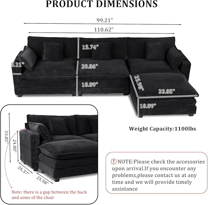 Gexpusm Modular Sectional Sofa,99" Couches for Living Room,Corduroy Sofa with Ottoman & Pillow,Cloud Sectional Couch with Cup Holders & USB,Side Pockets,3-Seat Corduroy Boneless Chair Indoor,Black