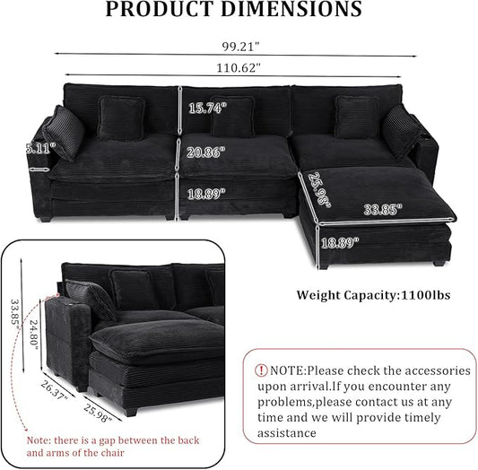 Gexpusm Modular Sectional Sofa,99" Couches for Living Room,Corduroy Sofa with Ottoman & Pillow,Cloud Sectional Couch with Cup Holders & USB,Side Pockets,3-Seat Corduroy Boneless Chair Indoor,Black
