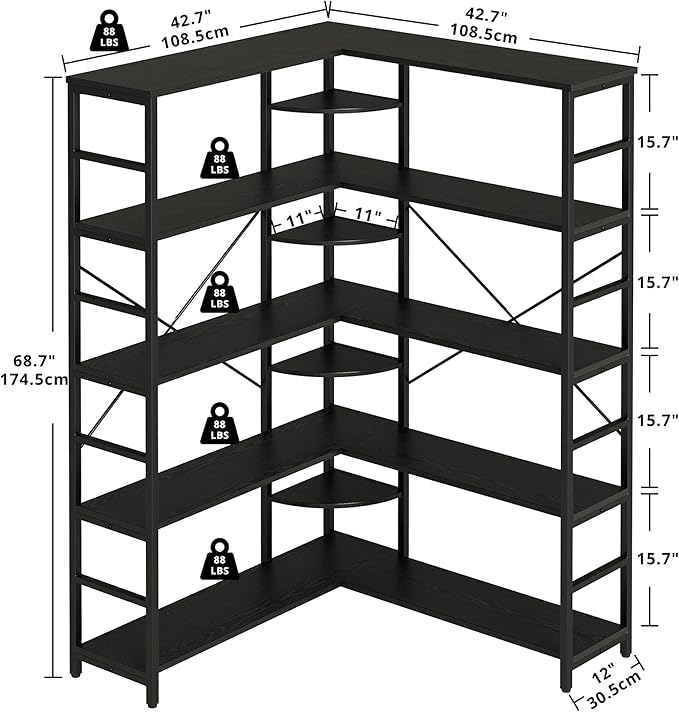 IRONCK Industrial Bookcases and Bookshelves, 5-Tiers Corner Bookcase with Curved Panels, L Shaped Shelf with Metal Frame for Open Storage for Living Room Home Office, Black