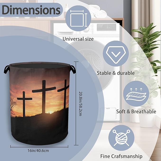 Cross Sunset Laundry Basket,Foldable with Handles Tote Bag Oxford Cloth for Bathroom Bedroom Dirty Clothes Storage Bucket 16" x 20.8"