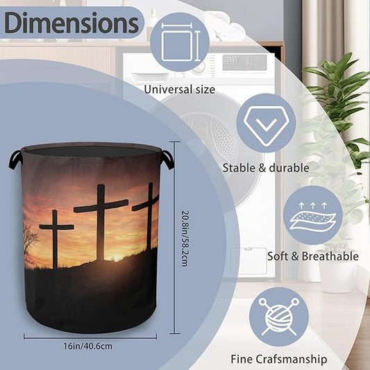 Cross Sunset Laundry Basket,Foldable with Handles Tote Bag Oxford Cloth for Bathroom Bedroom Dirty Clothes Storage Bucket 16" x 20.8"