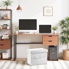 AmasSmile Storage Ottoman Folding Foot Rest Stool with Side Pocket, 17 inch Leather Footstool Bench, Short Ottoman Bench, Storage Foot Rest Store, Blanket Chest, White