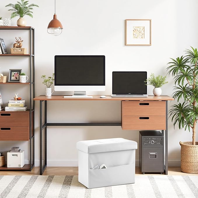 AmasSmile Storage Ottoman Folding Foot Rest Stool with Side Pocket, 17 inch Leather Footstool Bench, Short Ottoman Bench, Storage Foot Rest Store, Blanket Chest, White