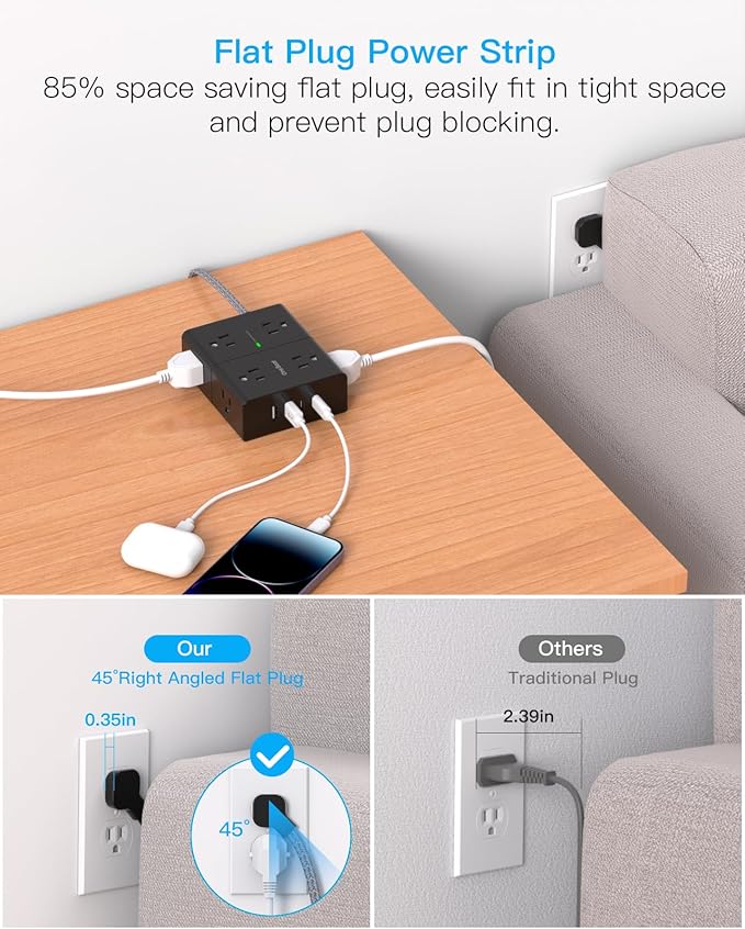 Surge Protector Power Strip 15 Ft Cord, Ultra Thin Flat Extension Cord with 8 Outlets 4 USB Ports(2 USB C), Flat Plug Power Strip, 15 Ft Long Braided Power Cord for Home, Office, Dorm Essentials - BK