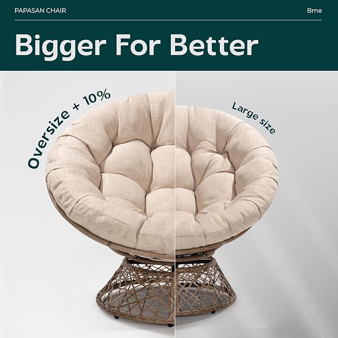 Bme Metal Oversized Swivel Papasan Chair, Living Room Chair with Beige Cushion, Brown Frame, 360° Swivel, Skillfully Woven Resin Wicker, 46 Inch Wide, Bee-Designed Base, Modern Style, Indoor Use