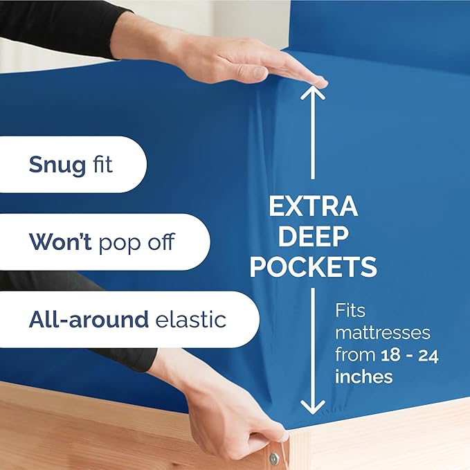 Extra Deep Pocket Queen Sheet Set - 4 Piece Breathable & Cooling Bed Sheets - Hotel Luxury Sheet Set - Soft, Wrinkle Free & Comfy - Easily Fits Extra Deep Mattresses - Deep Pocket Royal Blue Sheets