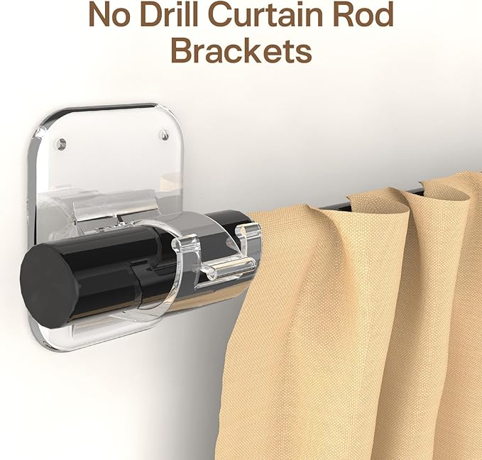 No Drill Curtain Rod Brackets No Drilling Holder 20lb - Renter Friendly Self Adhesive Hooks for Apartment Dorm Classroom Essentials Decor Hanging Drapes Rv Over Blinds Kitchen Bedroom Home