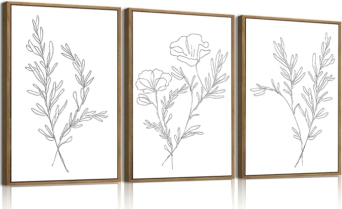 KISSFOX 3 Piece Framed Wall Art Botanical Wall Decor Floral Pictures Wildflower Canvas Art Black White Line Paintings Minimalist Boho Artwork For Bedroom Living Room Bathroom