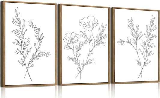 KISSFOX 3 Piece Framed Wall Art Botanical Wall Decor Floral Pictures Wildflower Canvas Art Black White Line Paintings Minimalist Boho Artwork For Bedroom Living Room Bathroom