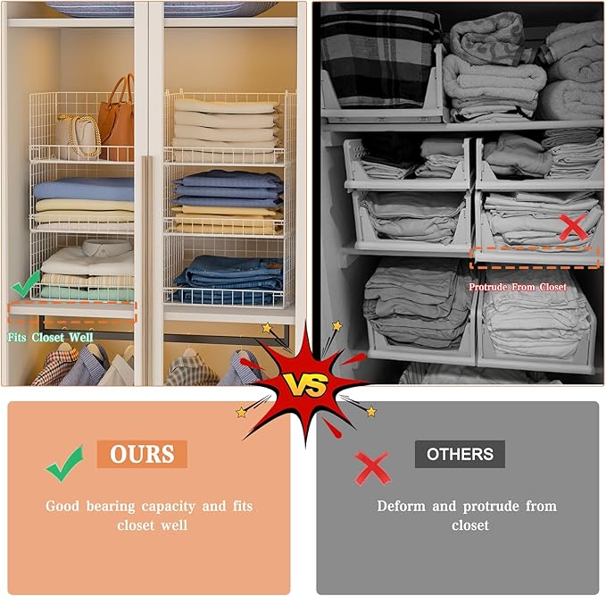 6-Tier Stackable Closet Organizers and Storage Shelves, Closet Shelf Organizer Basket Bins, Foldable Sweater Storage for Clothes Organizer System, White（Patent Pending）