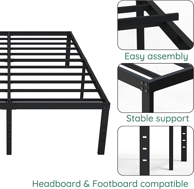 18 Inch Full XL Bed Frame Heavy Duty Metal Platform No Box Spring Needed, Maximum Storage, Easy Assembly, Noise Free, Black